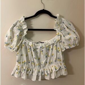 zara white and yellow floral puff sleeve blouse